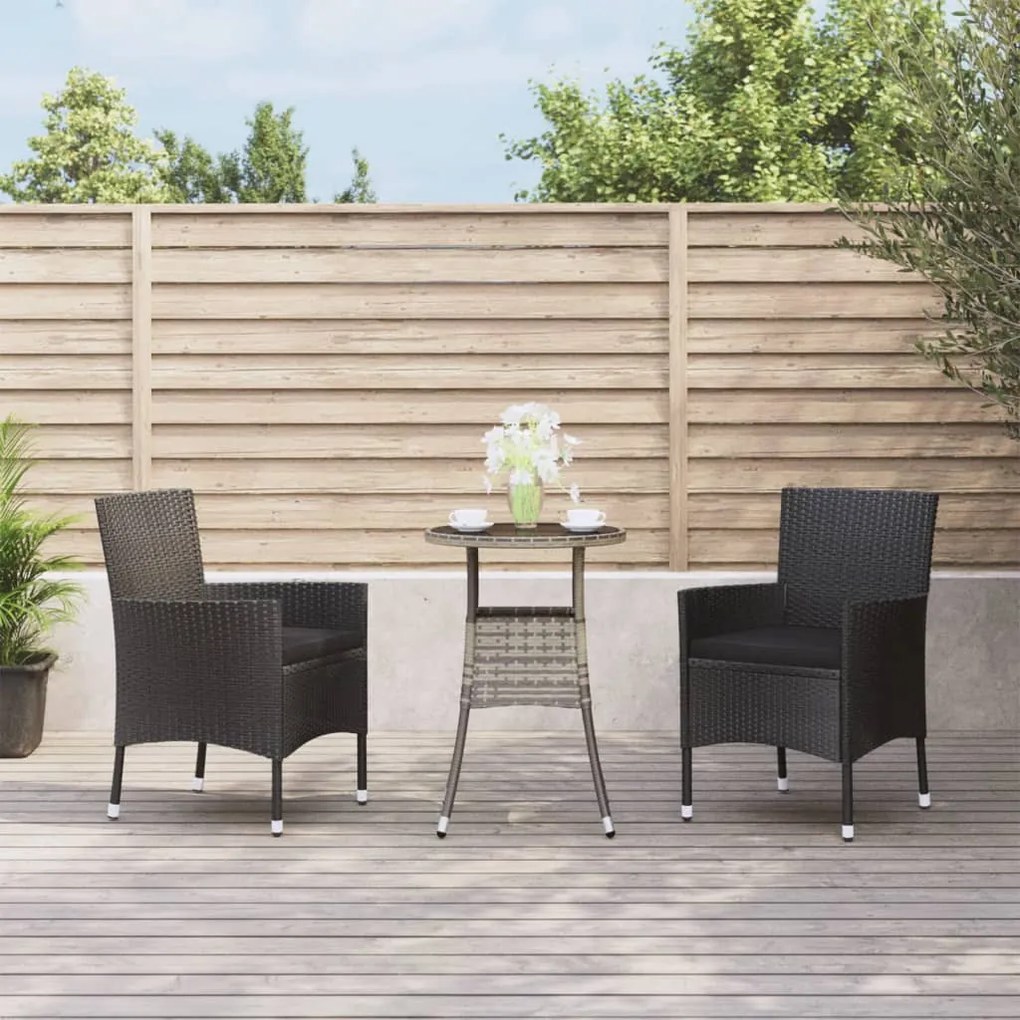 Set bistrò da giardino 3 pz con cuscini in polyrattan nero