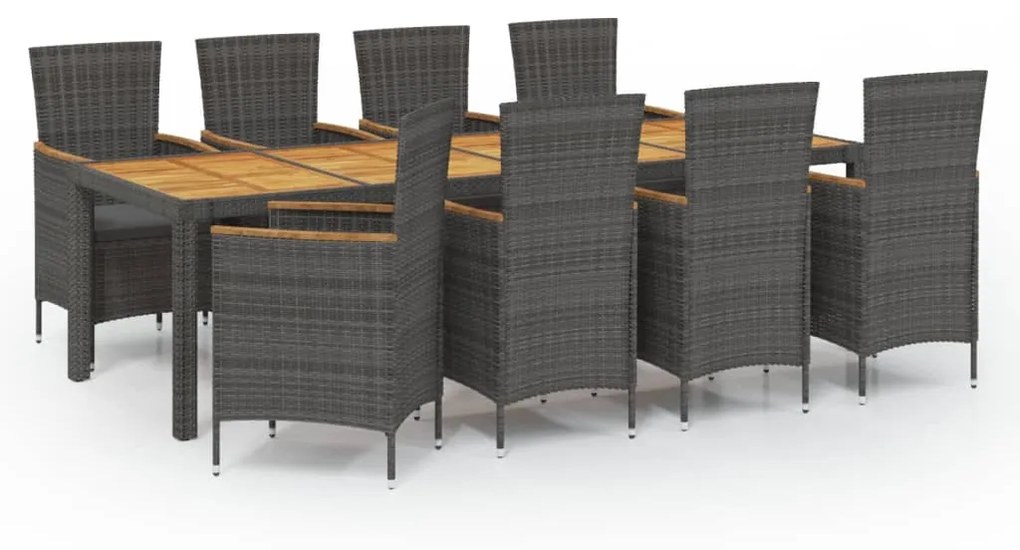 Set da pranzo da esterno 9 pz con cuscini in polyrattan grigio