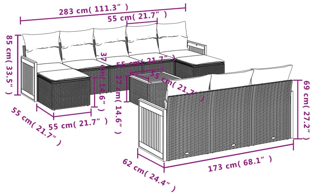 Set divani da giardino 11 pz con cuscini in polyrattan grigio