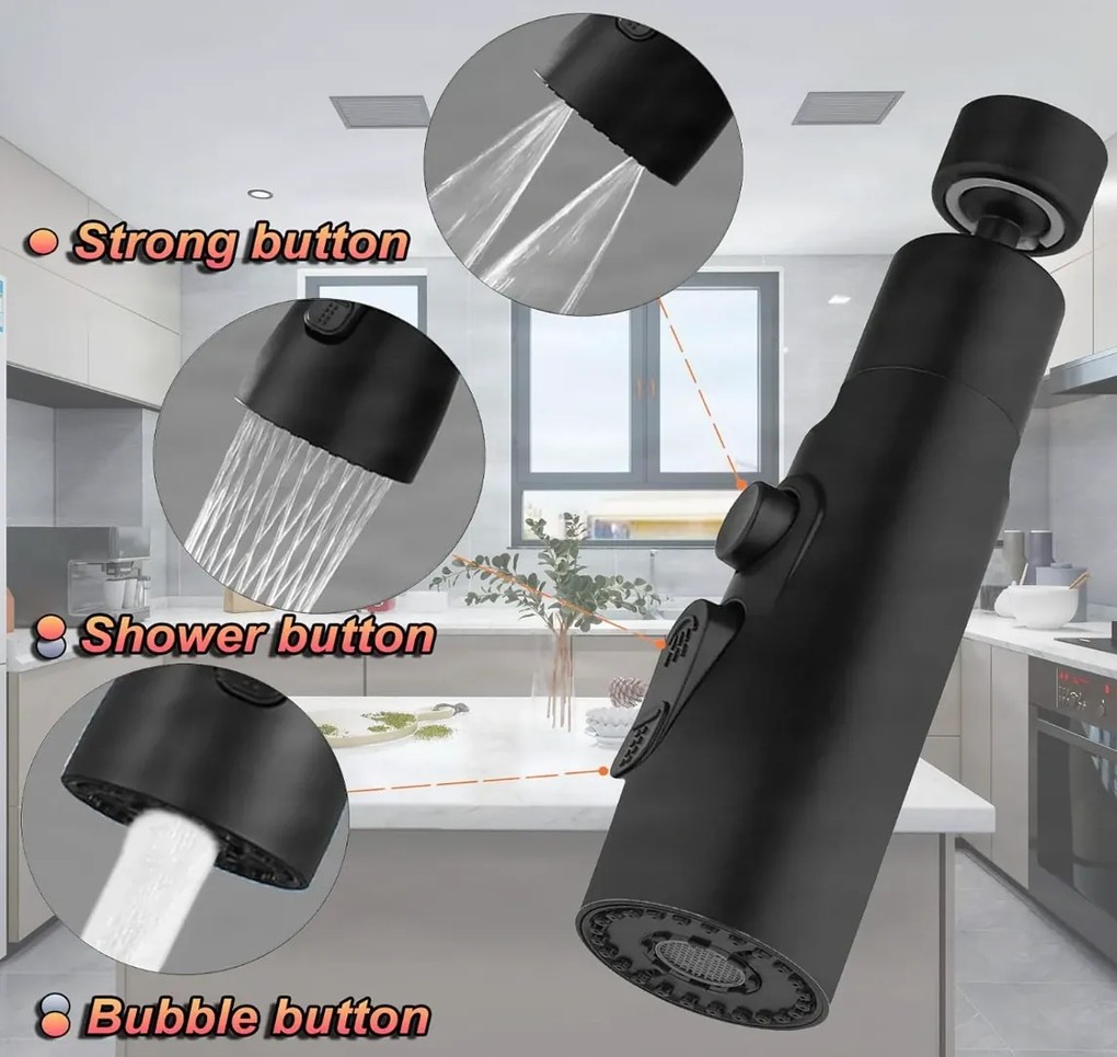 Aeratore per rubinetto EYN DEL1712 orientabile a 360° con 3 getti, disponibile in più finiture — B