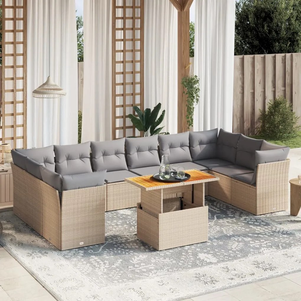 Set divani da giardino 11 pz con cuscini beige in polyrattan