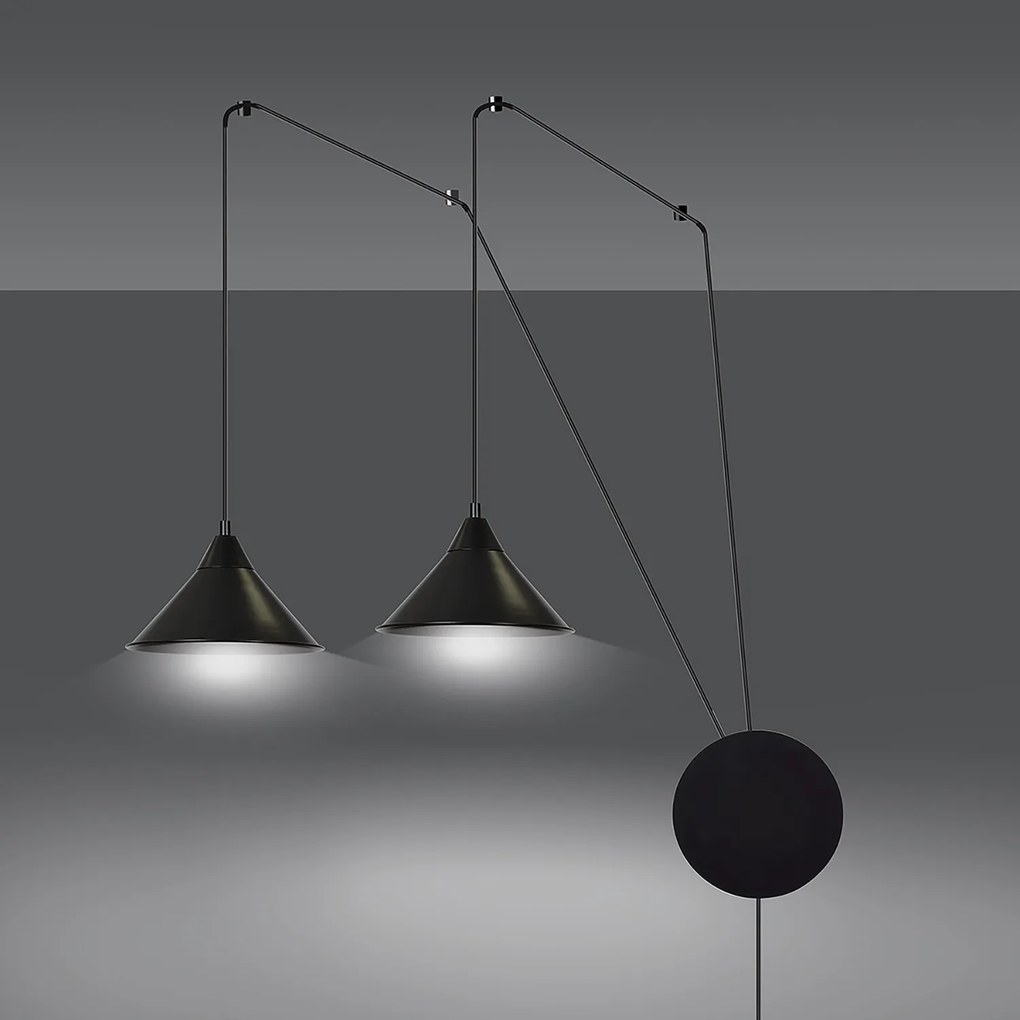 Sospensione Minimal 2 Luci Fujin In Acciao Nero E Paralume A Cono
