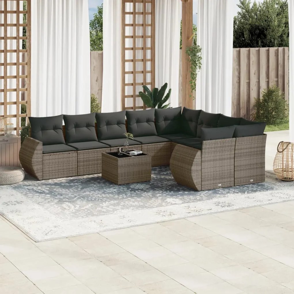 Set Divano da Giardino 10 pz con Cuscini Grigio in Polyrattan