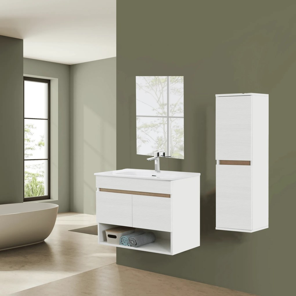 Mobile Bagno Sospeso 80 Cm Due Ante Vano a Giorno Specchio a Filo 80x60 Cm Feridras "Revital" Bianco Frassinato/Rovere