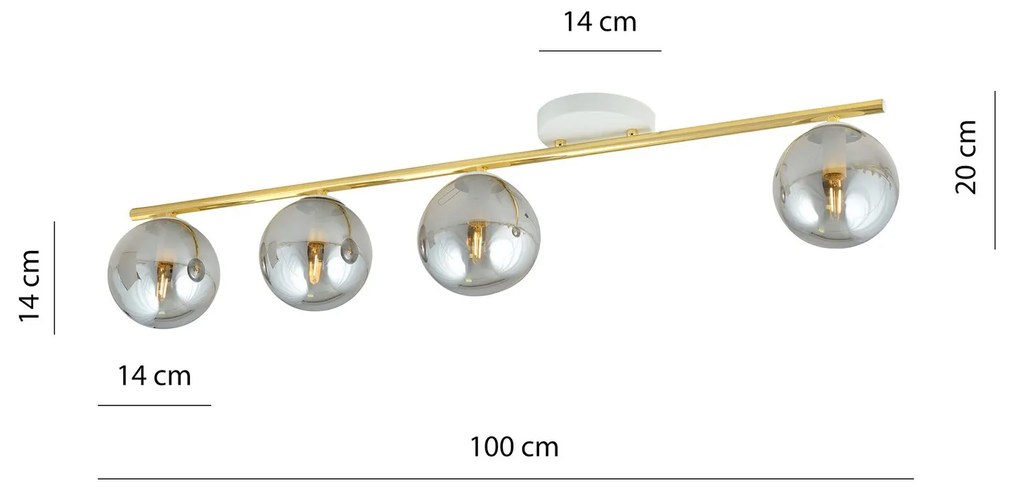 Plafoniera Contemporanea 4 Luci Monza In Acciaio Oro Bianco E Sfere Vetro Fumè