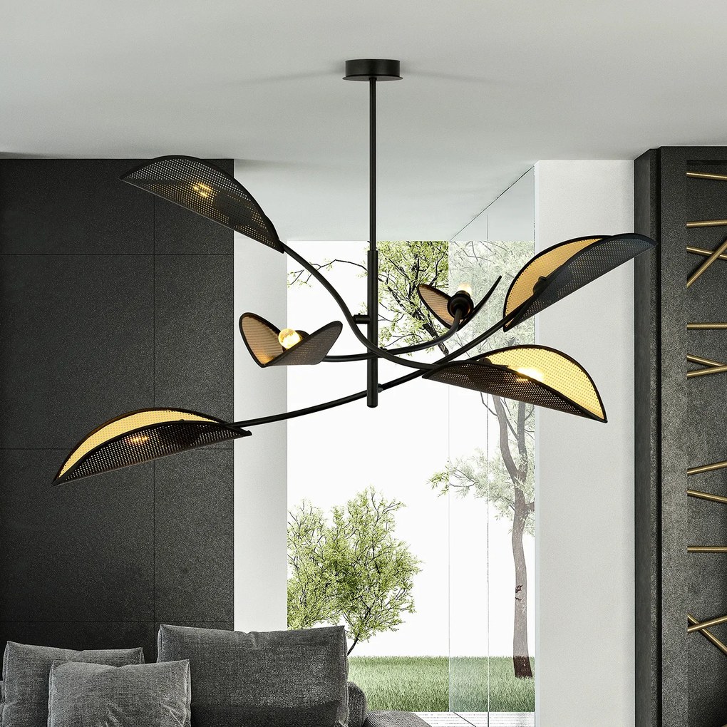 Sospensione Nordica 6 Luci Ares In Acciaio Nero Oro Bracci Regolabili