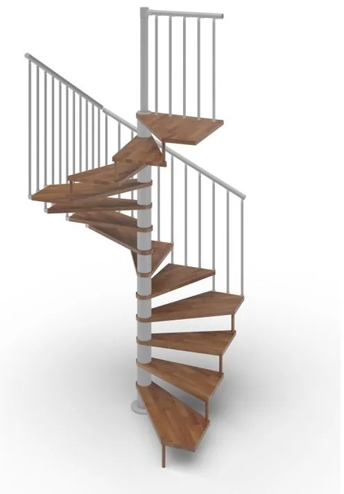 Scala a chiocciola a base quadrata Nara IRIS, larghezza 105 cm, struttura in acciaio grigio argento, gradini in legno noce