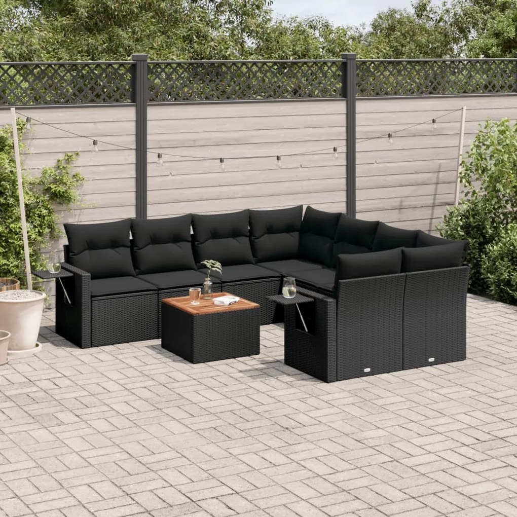 Set divani da giardino 9 pz con cuscini nero in polyrattan