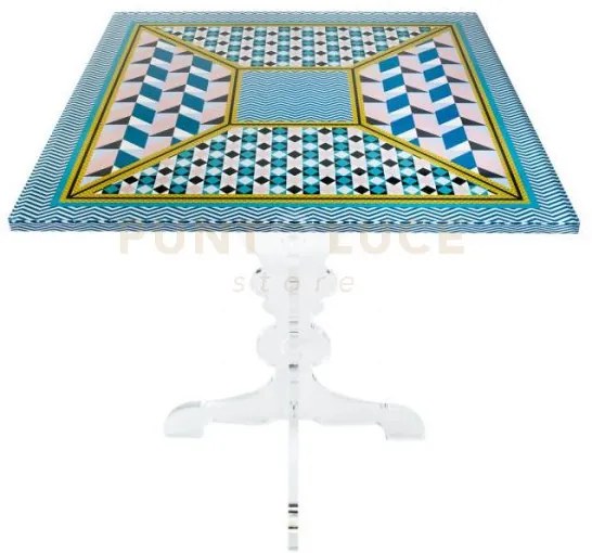 Tavolino quadrato decor in cristallo acilico con disegni azzurri