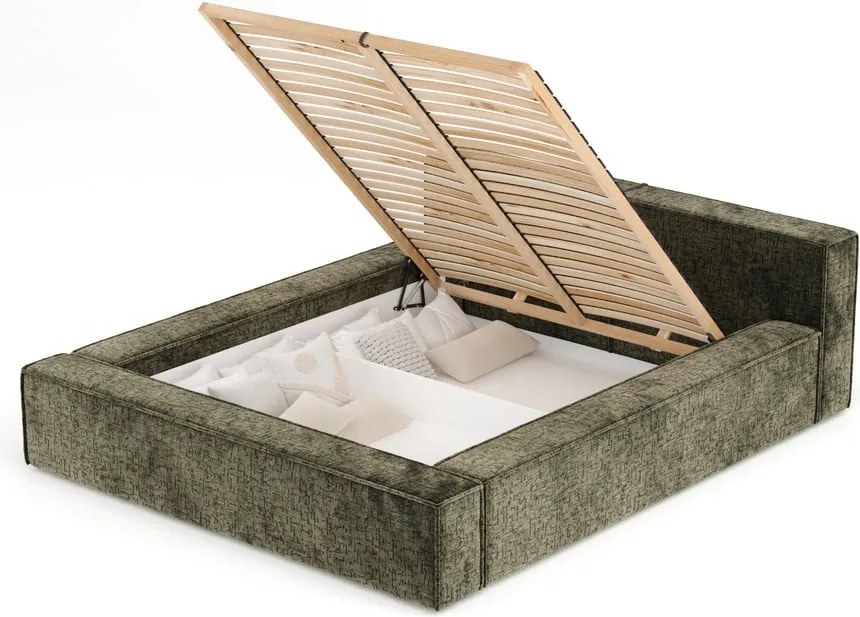 Letto matrimoniale imbottito verde scuro con contenitore e rete inclusi 200x200 cm Voliera – Maison de Rêve