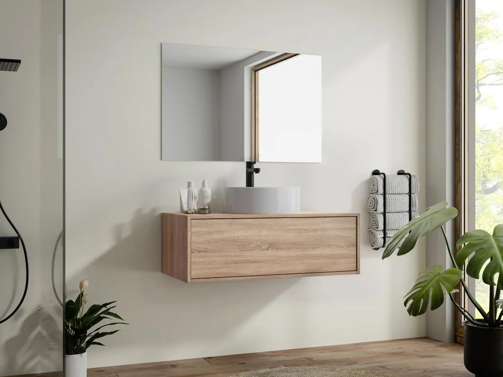 Mobile per bagno sospeso con lavabo singolo tondo 94 cm Naturale chiaro  - TEANA II