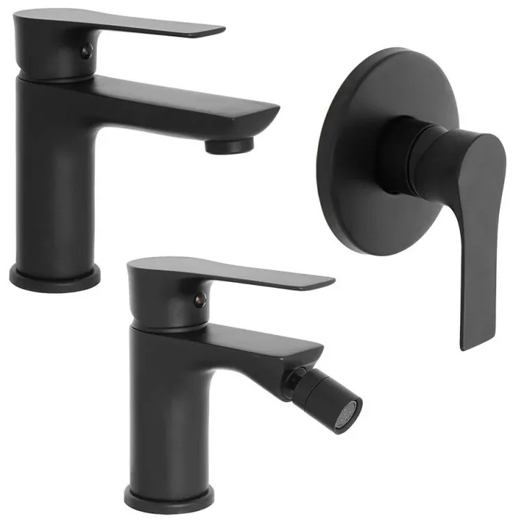Set miscelatori lavabo bidet e doccia Flat nero opaco con piletta