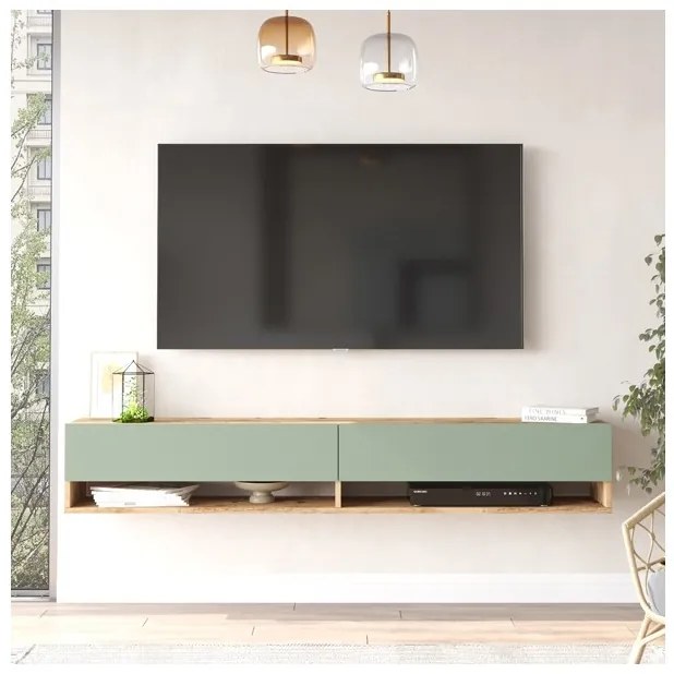 Mobile Tv Sospeso 180x32x30 Effetto Legno Rovere E Verde Con Vani Frame