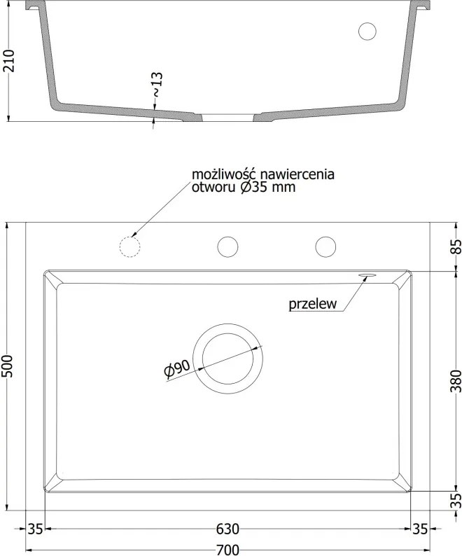 Mexen Elix lavello in granito 1 vasca 700 x 500 mm, nero, sifone cromato - 6526701005-77