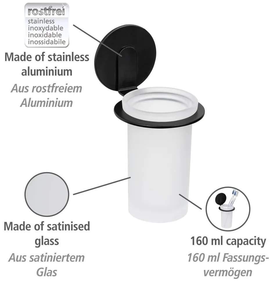 Bicchiere in vetro nero opaco autoportante per spazzolini da denti Bivio - Wenko