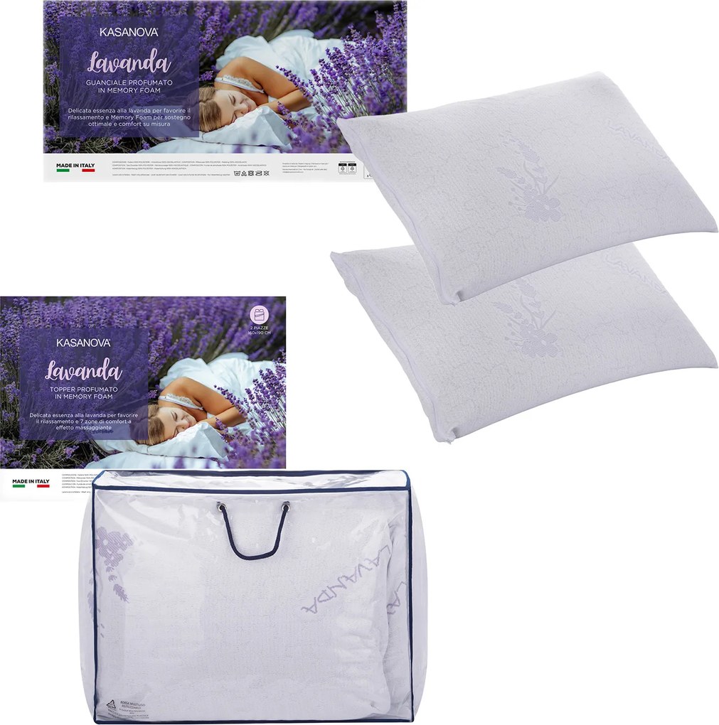 Kit matrimoniale topper e 2 cuscini Lavanda memory