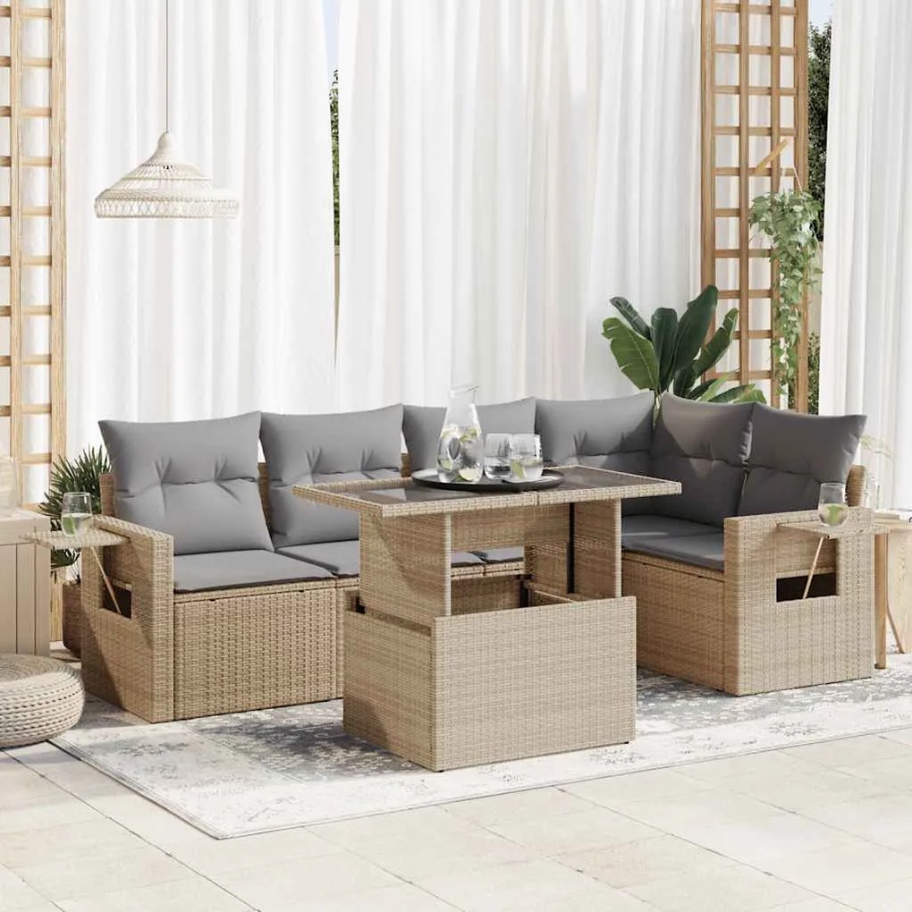 Set divano da giardino 6 pz con cuscini beige in polyrattan