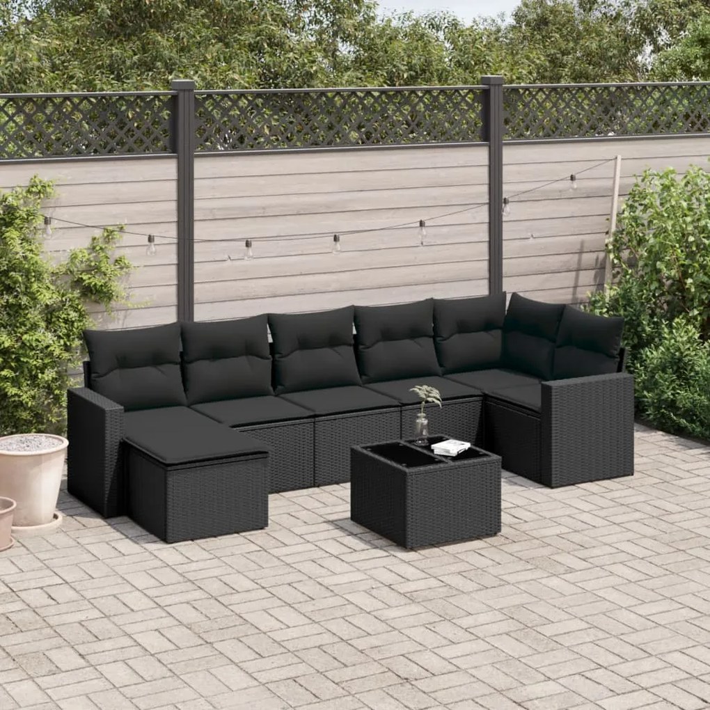 Set divani da giardino con cuscini 8 pz nero in polyrattan