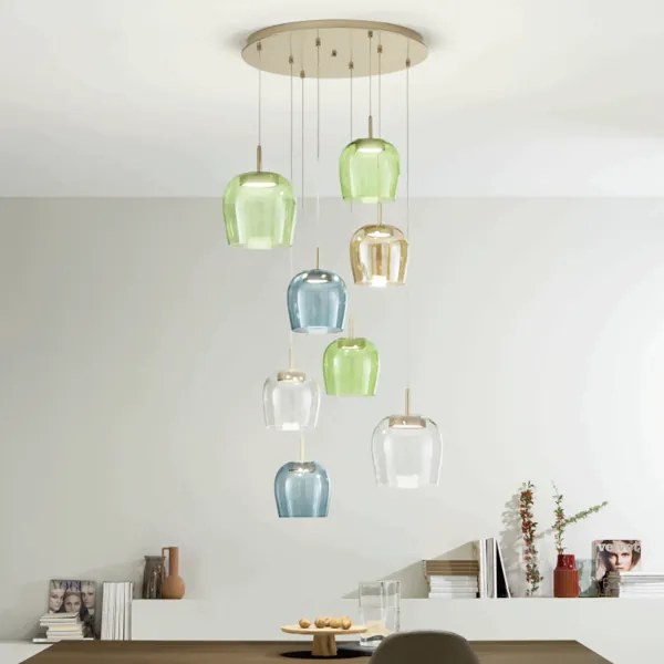 Lampada a sospensione 60 cm NINA 8 Luci LED in metallo Oro e vetri Colorati