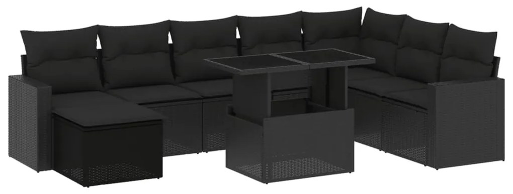 Set divani da giardino 9 pz con cuscini nero in polyrattan