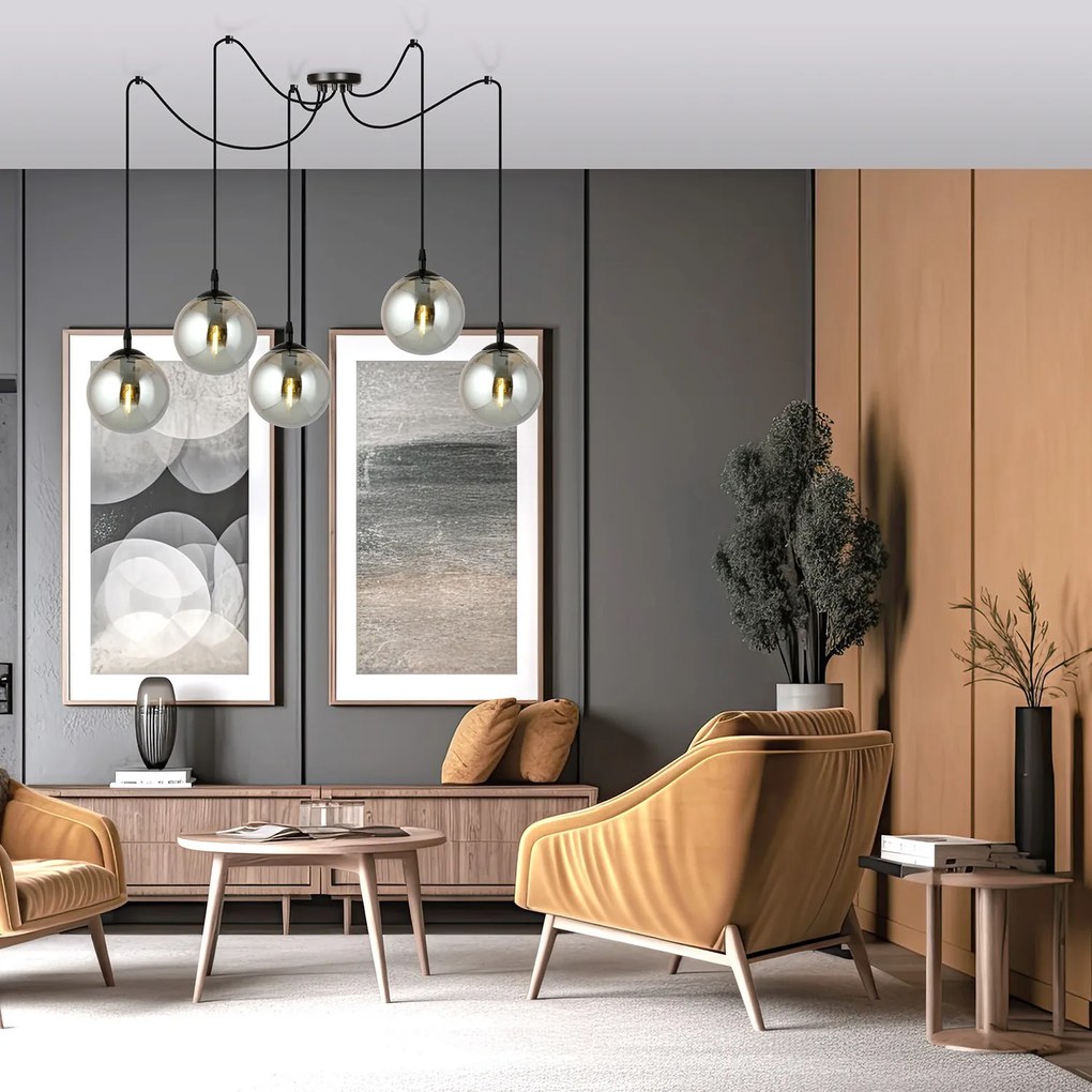 Lampadario 5 Luci Ginevra In Acciaio Nero Con Cavo Lungo E Vetri Fumè