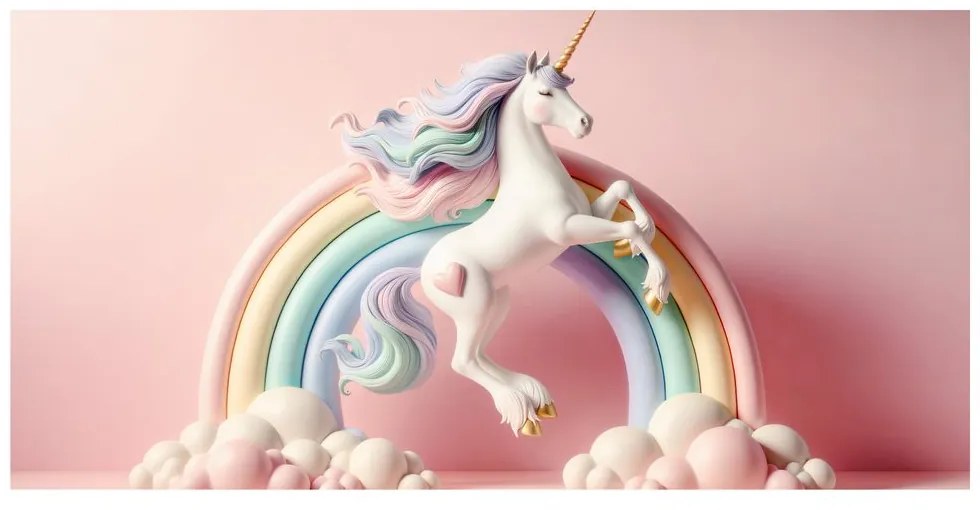 Quadro su tela – Unicorno fiabesco su arcobaleno pastello