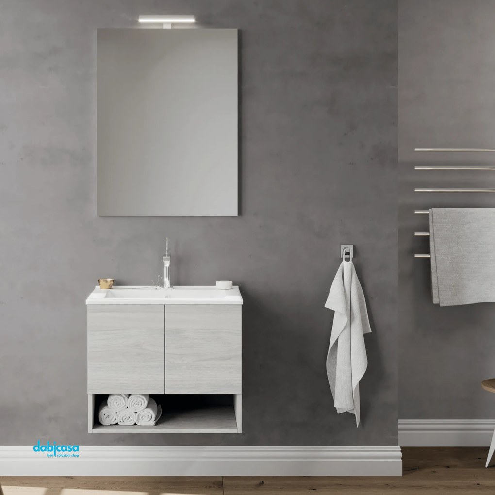 Mobile Bagno Sospeso "Oslo" Da 60 Cm Composto Da Due Ante Ed Un Vano a Giorno Lavabo E Specchio Con Lampada Led Finitura Rovere Grigio