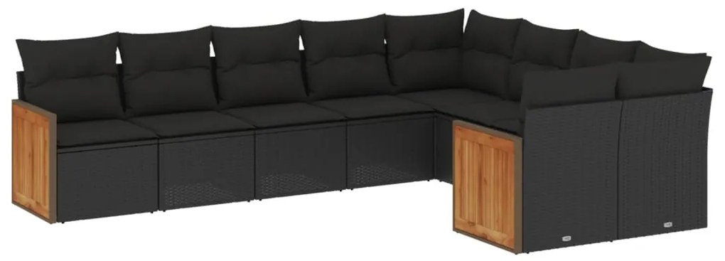 Set divani da giardino 9 pz con cuscini nero in polyrattan