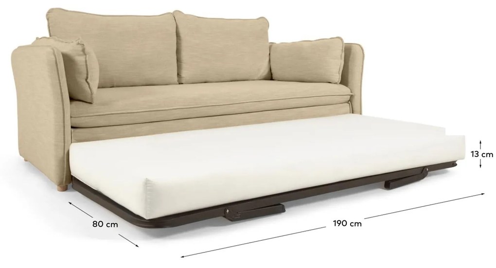 Kave Home - Divano letto Tanit beige con piedi in legno massello di faggio finitura naturale 210 cm