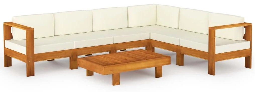 Set divani giardino 7 pz cuscini bianco crema in legno d&#039;acacia