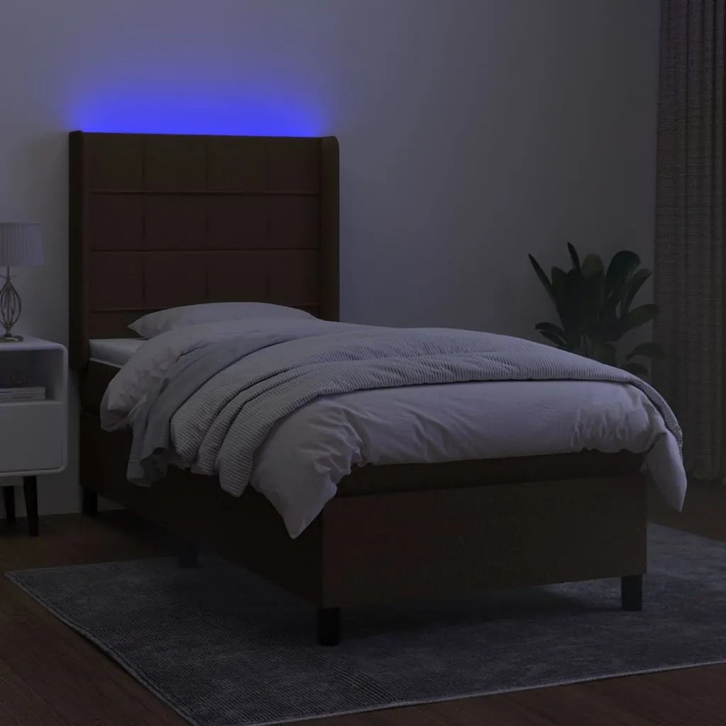 Letto a Molle Materasso e LED Marrone Scuro 90x200cm in Tessuto