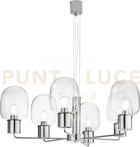 Lampadario fellini cromo 6 luci attacco e27 98x150cm in vetro trasp...