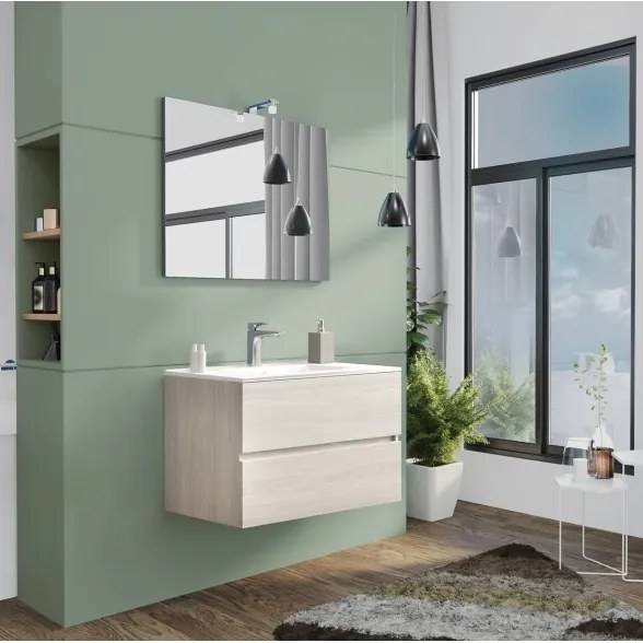 Mobile da bagno sospeso 80 cm con lavabo, specchio e led rovere grigio