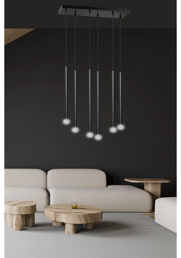 Lampadario 6 Luci Moderno Shu Acciaio Nero E Paralumi A Cilindri Sottili