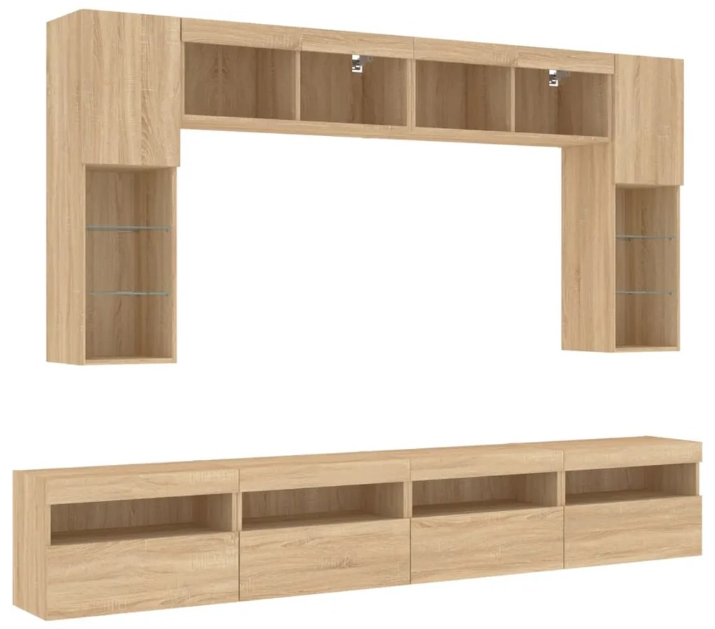 Set mobili tv a muro 8 pz con luci led rovere sonoma