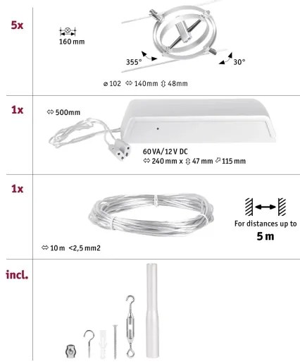 Paulmann 94436 - KIT 5xGU5,3/10W Sistema a cavo completo CARDAN 230V cromato