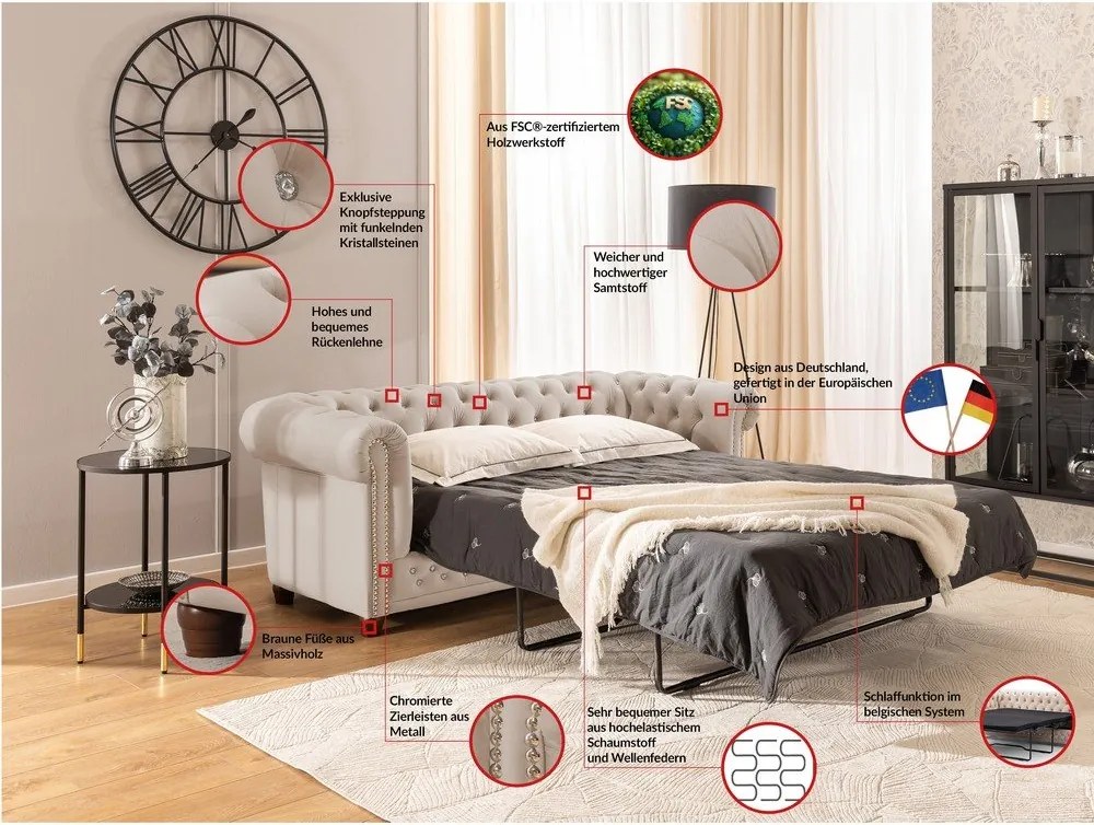 Divano beige allungabile con rivestimento in velluto 203 cm York Blik – Ropez