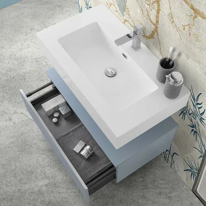 Mobile bagno 80 cm blu pastello lavabo sospeso e specchio LED Iside