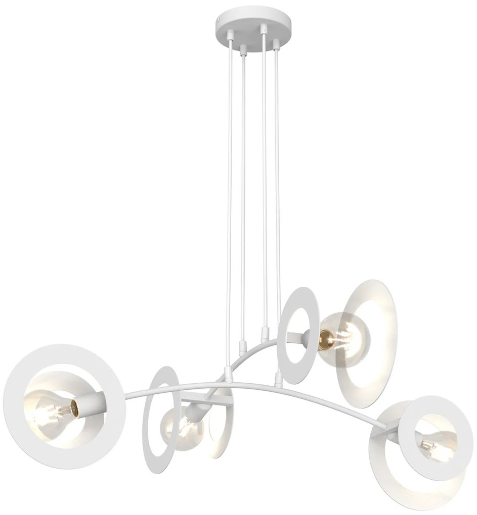 Lampadario 4 Luci Crono Acciaio Bianco A Bracci E Diffusori A Doppio Cerchio