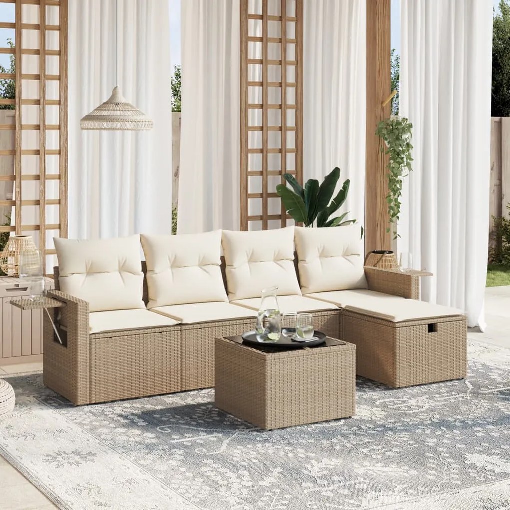 Set divano da giardino 6 pz con cuscini beige in polyrattan