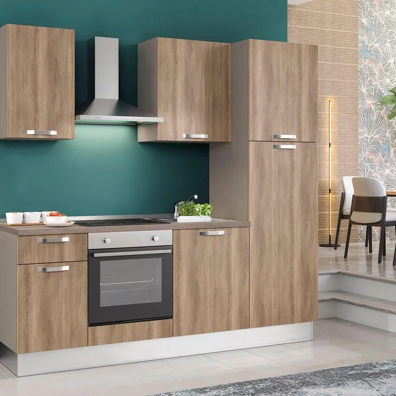 Cucina montata Dora rovere chiaro, lavello a sinistra, L 225 cm, completa di: cappa a camino, piano cottura a induzione, forno, frigorifero
