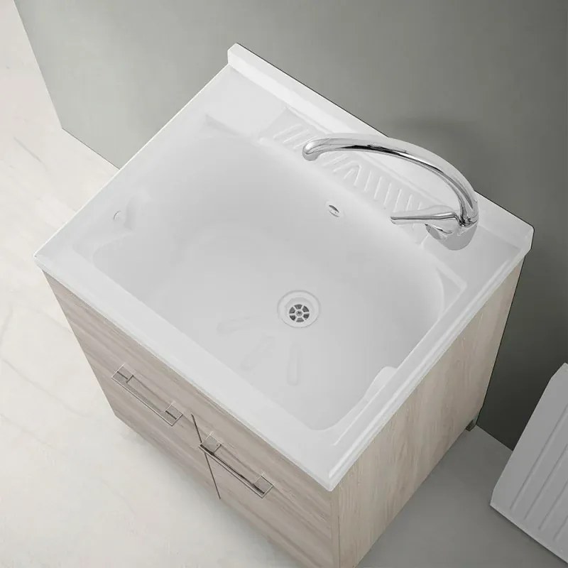 Mobile lavatoio 60x50 cm 2 ante rovere grigio con vasca in resina