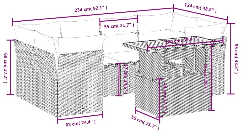 Set divani da giardino con cuscini 7pz nero polyrattan