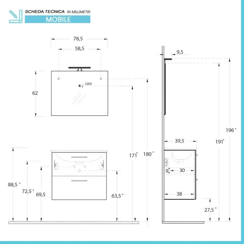 Mobile bagno sospeso 80 corda con lavabo e specchio Miami