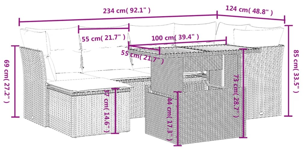 Set divani da giardino con cuscini 7pz nero polyrattan