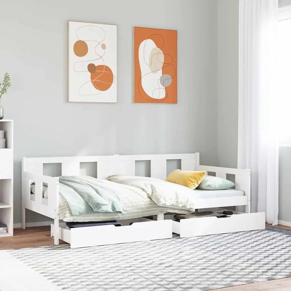 Dormeuse Con Cassetti Bianco 90x200 Cm Legno Massello Di Pino /