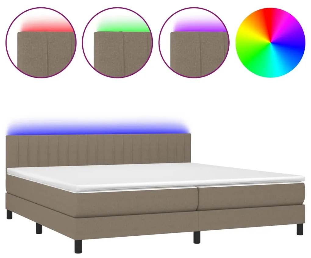 Letto a molle materasso e led tortora 200x200cm in tessuto