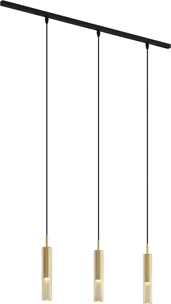 Sistema di illuminazione a binario moderno nero con 3 luci a sospensione oro con vetro ambrato monofase - Slimline Loyce