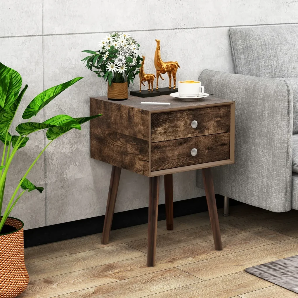 Tavolino FOLUBAN In Legno Noce E Metallo A V – Comodino Moderno Con Contenitore Per Soggiorno