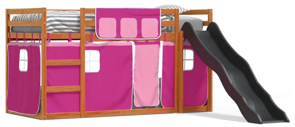 Letto a castello con scivolo e tende rosa 90x200 cm